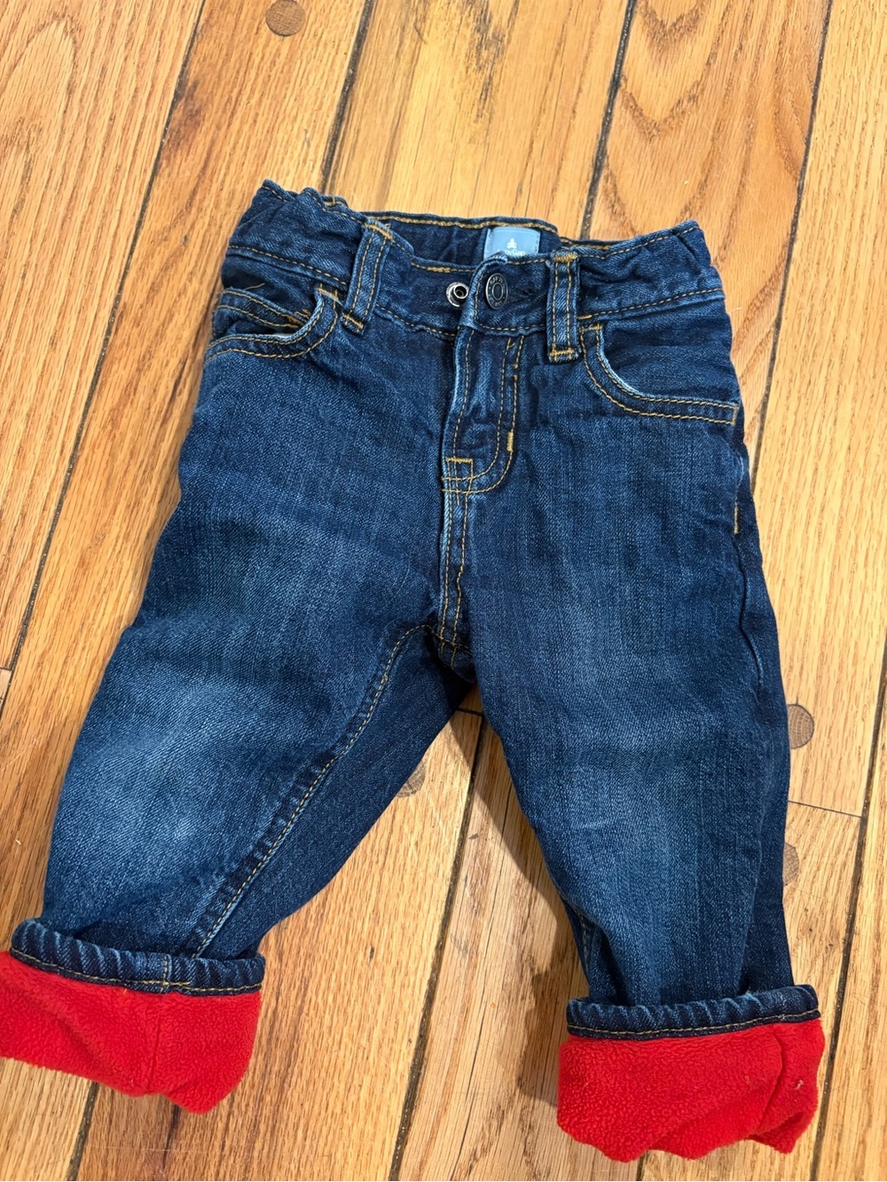 Babygap fleece lined Dark Blue Denim Jeans with Red Cuff - 12-18mo